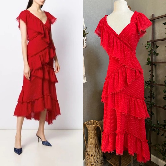 Three Floor TIERED TEXTURED ROUGE V-NECK CAP-SLEEVE RUFFLE-TRIM GOWN - Picture 1 of 16